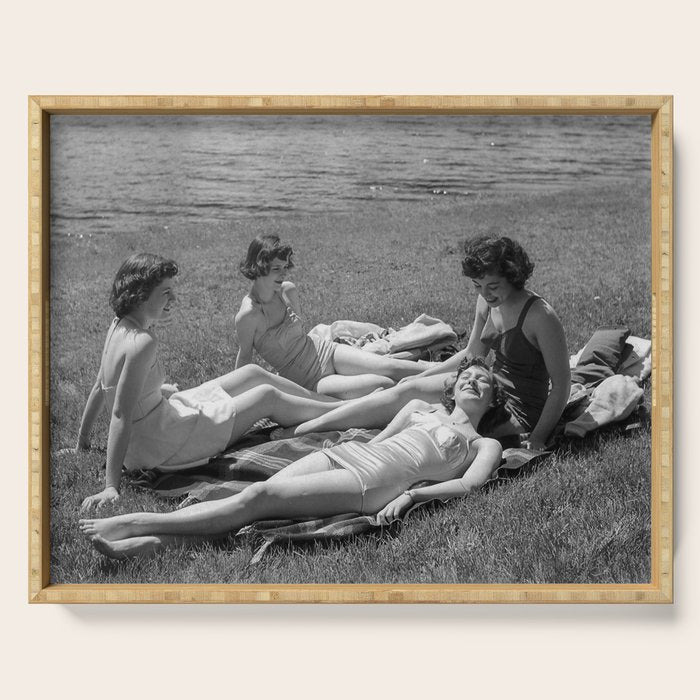 Relaxing By The River, Black and White Vintage Photo Serving Tray Gallery Image 1