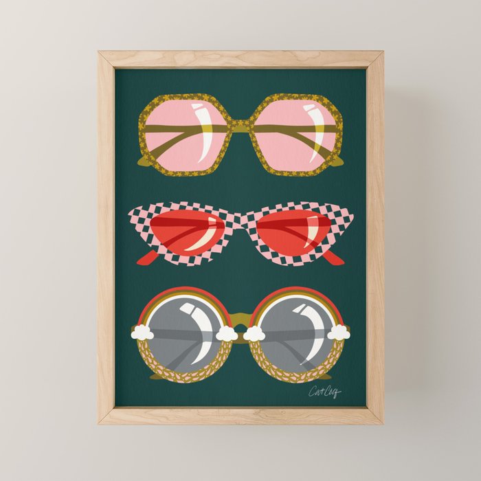 Retro Sunglasses - Pink & Red on Teal Mini Art Print Gallery Image 1