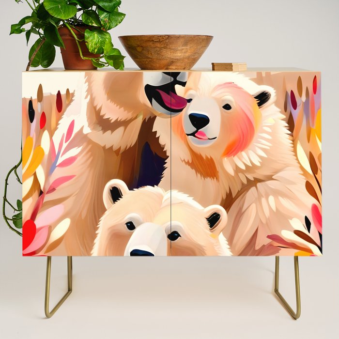 Polar Bears, Wildlife Animals Forest Wild, Jungle Bohemian Eclectic Boho, Winter North Pole Painting Credenza Gallery Image 1