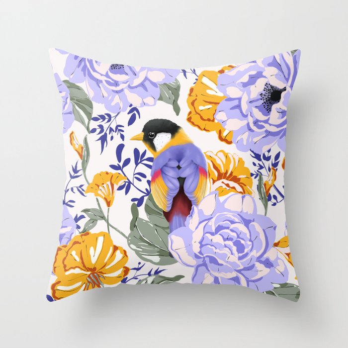 Colorful birds in garden flowers YL Throw Pillow Gallery Image 1