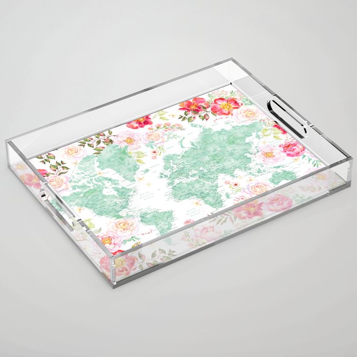 Mint green and hot pink watercolor world map with cities Acrylic Tray Gallery Image 1