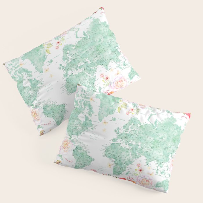 Mint green and hot pink watercolor world map with cities Pillow Sham Gallery Image 1