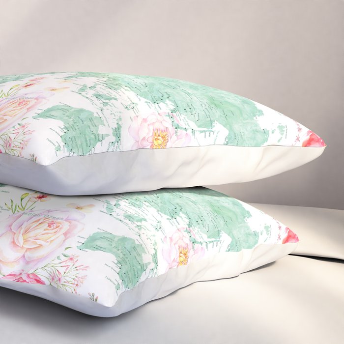 Mint green and hot pink watercolor world map with cities Pillow Sham Gallery Image 3