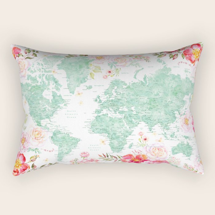 Mint green and hot pink watercolor world map with cities Rectangular Pillow Gallery Image 1