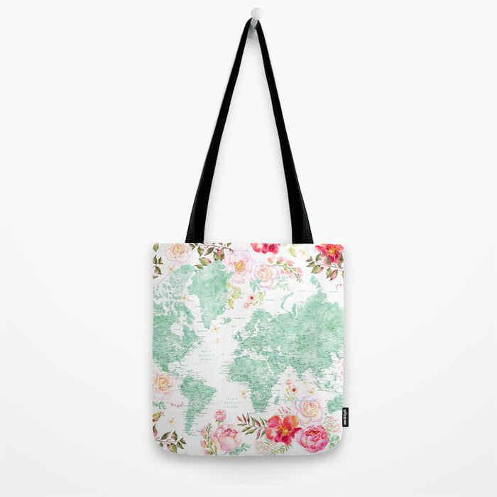 Mint green and hot pink watercolor world map with cities Tote Bag Gallery Image 2
