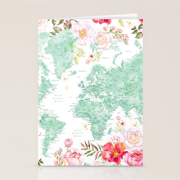Mint green and hot pink watercolor world map with cities Stationery Card Gallery Image 1