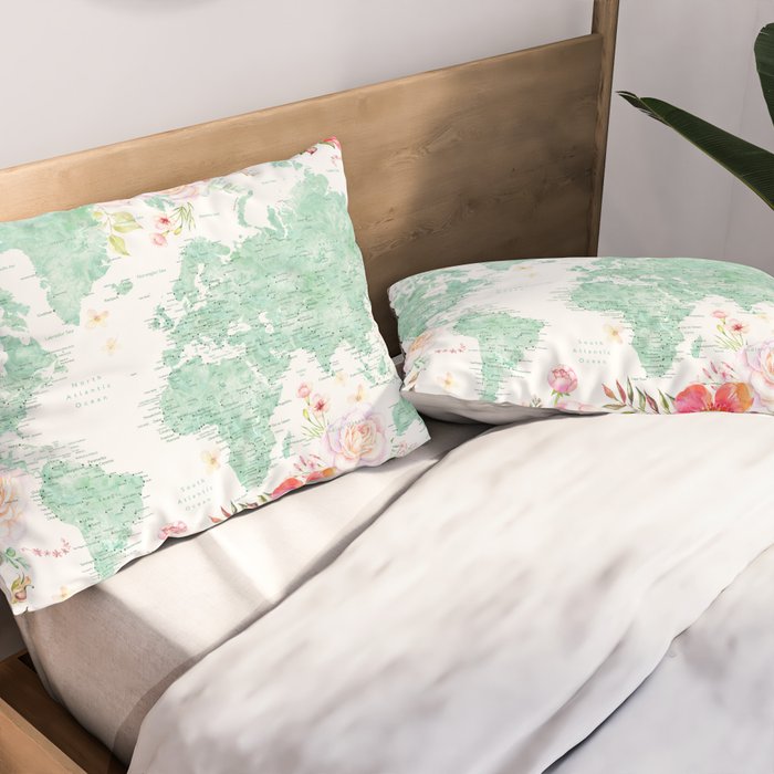 Mint green and hot pink watercolor world map with cities Pillow Sham Gallery Image 2