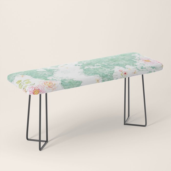 Mint green and hot pink watercolor world map with cities Bench Gallery Image 1