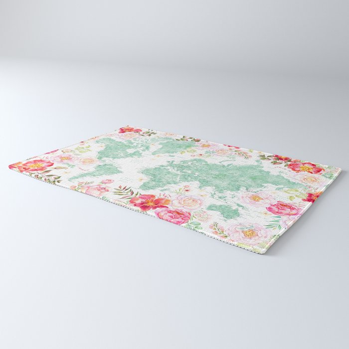 Mint green and hot pink watercolor world map with cities Rug Gallery Image 3
