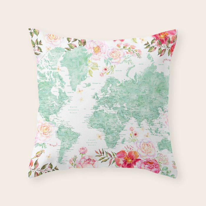 Mint green and hot pink watercolor world map with cities Throw Pillow Gallery Image 1