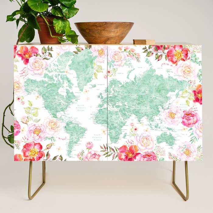 Mint green and hot pink watercolor world map with cities Credenza Gallery Image 1