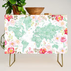 Mint green and hot pink watercolor world map with cities Credenza Gallery Image 1