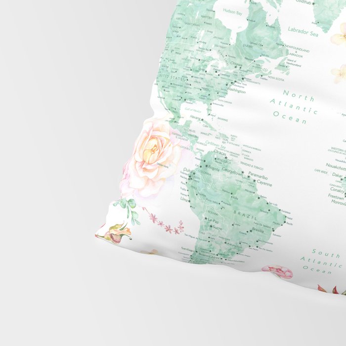Mint green and hot pink watercolor world map with cities Pillow Sham Gallery Image 4