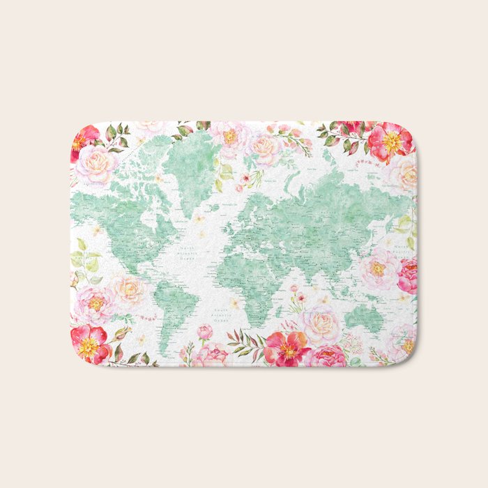 Mint green and hot pink watercolor world map with cities Bath Mat Gallery Image 1
