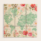 Mint green and hot pink watercolor world map with cities Wood Wall Art Gallery Image 1