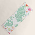 Mint green and hot pink watercolor world map with cities Yoga Mat Gallery Image 1