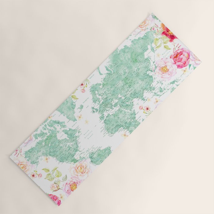 Mint green and hot pink watercolor world map with cities Yoga Mat Gallery Image 1
