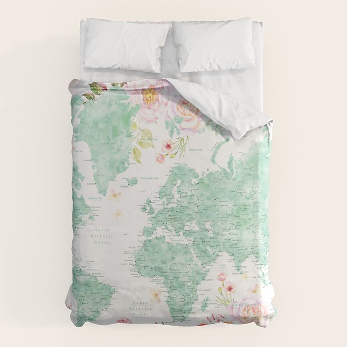 Mint green and hot pink watercolor world map with cities Duvet Cover Gallery Image 6