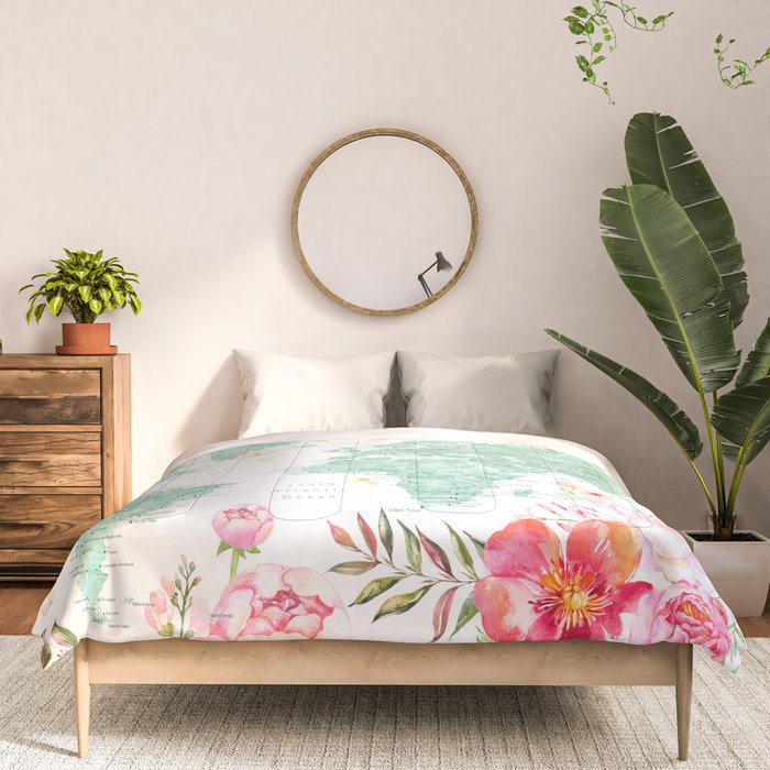 Mint green and hot pink watercolor world map with cities Comforter Gallery Image 3