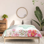 Mint green and hot pink watercolor world map with cities Comforter Gallery Image 3