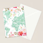 Mint green and hot pink watercolor world map with cities Stationery Card Gallery Image 2