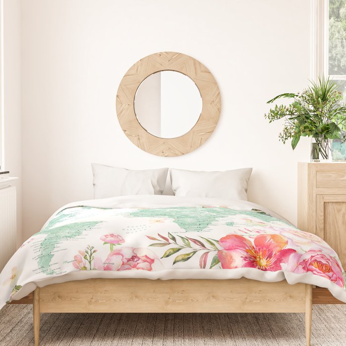 Mint green and hot pink watercolor world map with cities Duvet Cover Gallery Image 3