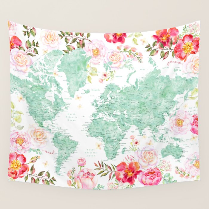 Mint green and hot pink watercolor world map with cities Wall Tapestry Gallery Image 1