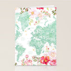 Mint green and hot pink watercolor world map with cities Stationery Card Gallery Image 2
