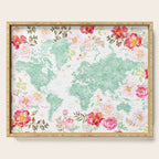Mint green and hot pink watercolor world map with cities Serving Tray Gallery Image 1