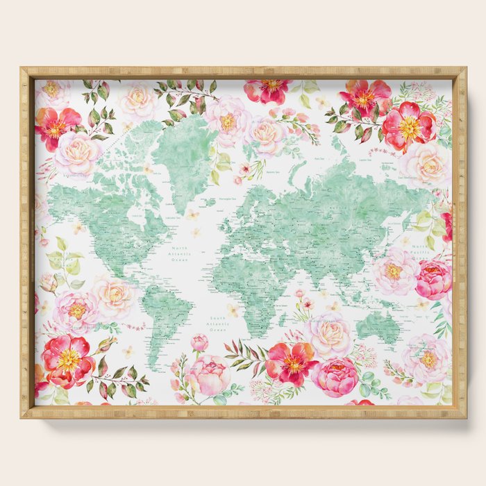 Mint green and hot pink watercolor world map with cities Serving Tray Gallery Image 1