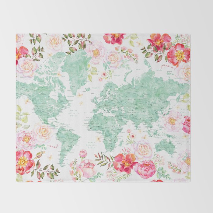 Mint green and hot pink watercolor world map with cities Throw Blanket Gallery Image 2