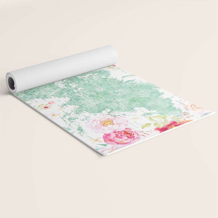 Mint green and hot pink watercolor world map with cities Yoga Mat Gallery Image 2