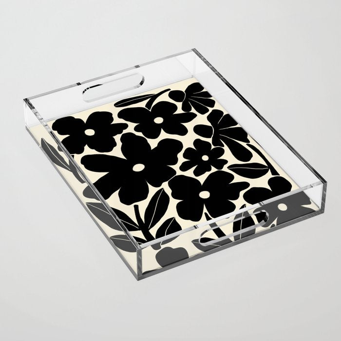 Black and White Retro Groovy Flowers  Acrylic Tray Gallery Image 1