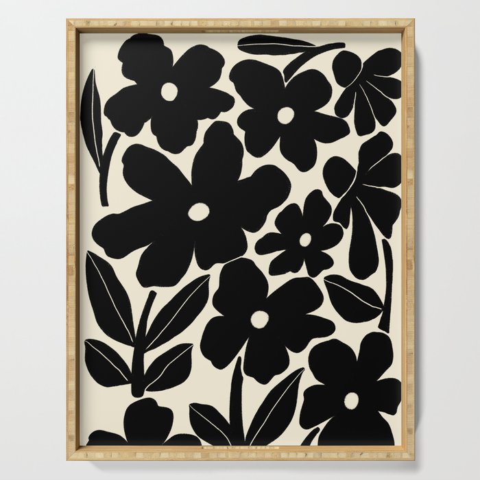 Black and White Retro Groovy Flowers  Serving Tray Gallery Image 1