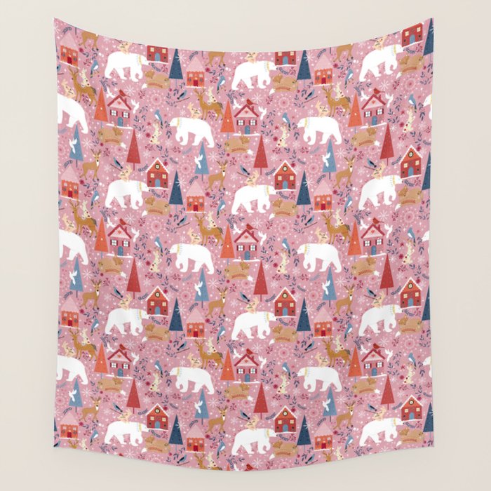 Colorful Scandinavian festive holiday animals Wall Tapestry Gallery Image 4