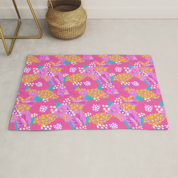 Bold Hibiscus Floral Hot Pink Summer Rug Gallery Image 1