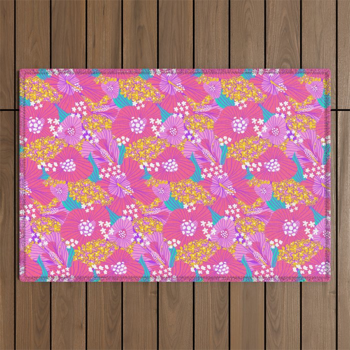 Bold Hibiscus Floral Hot Pink Summer Outdoor Rug Gallery Image 1