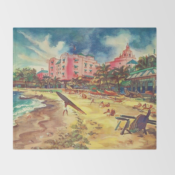Hawaii's Famous Waikiki Beach landscape painting Throw Blanket Gallery Image 2