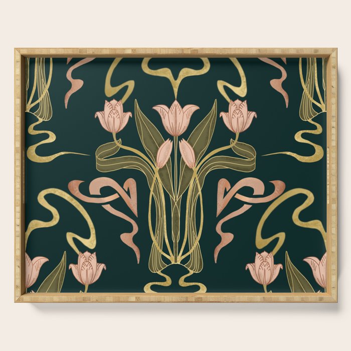 Deco Tulip Bloom - Art Deco Floral Nouveau Deep Forest Serving Tray Gallery Image 1
