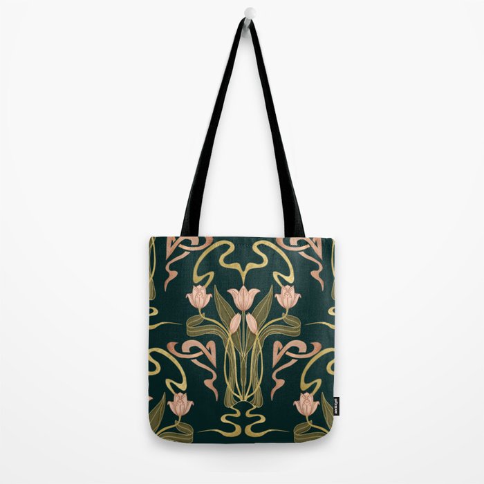Deco Tulip Bloom - Art Deco Floral Nouveau Deep Forest Tote Bag Gallery Image 2