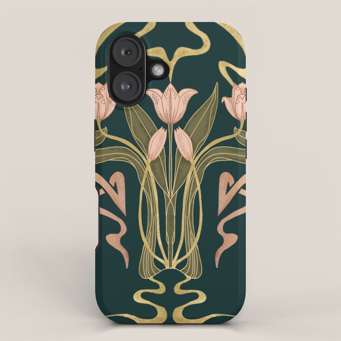 Deco Tulip Bloom - Art Deco Floral Nouveau Deep Forest iPhone Case Gallery Image 1