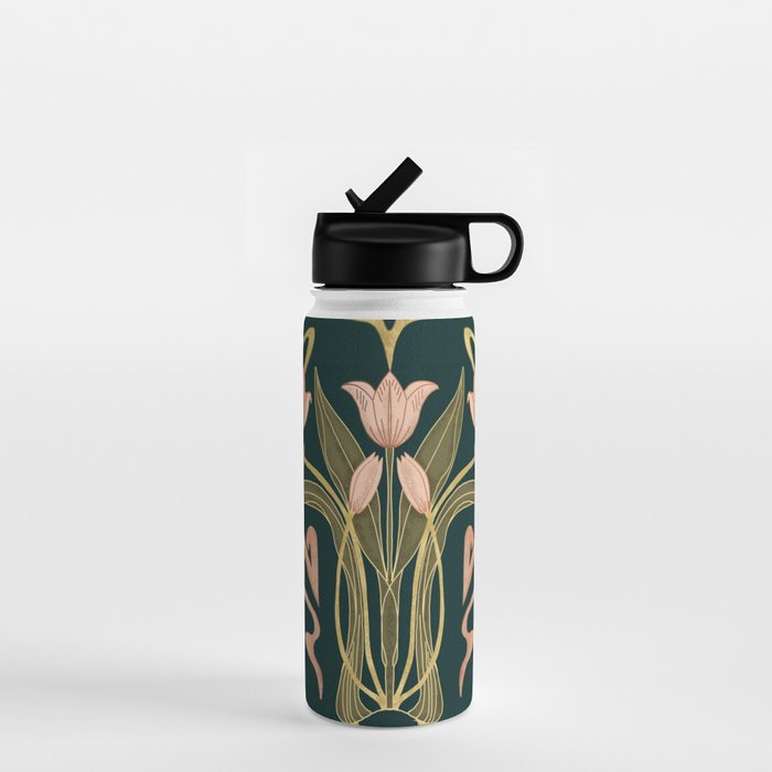 Deco Tulip Bloom - Art Deco Floral Nouveau Deep Forest Water Bottle Gallery Image 1