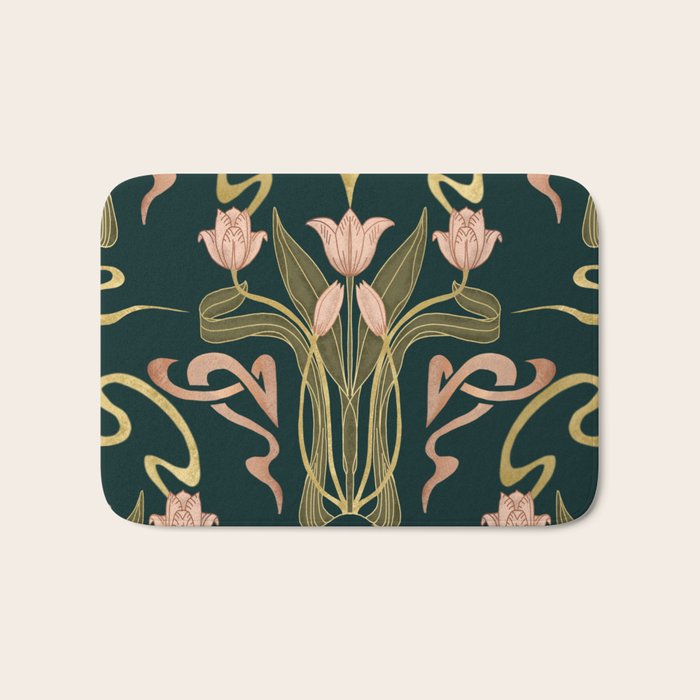 Deco Tulip Bloom - Art Deco Floral Nouveau Deep Forest Bath Mat Gallery Image 1