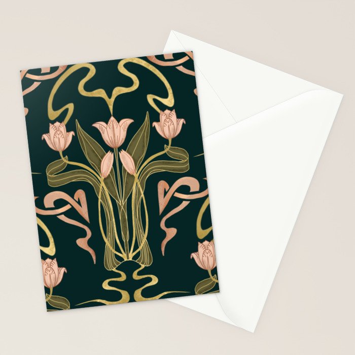 Deco Tulip Bloom - Art Deco Floral Nouveau Deep Forest Stationery Card Gallery Image 2