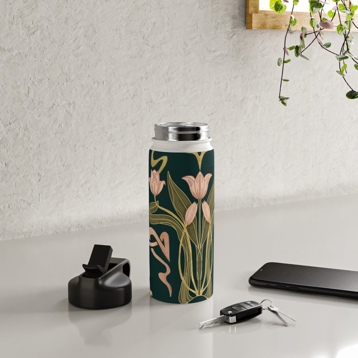 Deco Tulip Bloom - Art Deco Floral Nouveau Deep Forest Water Bottle Gallery Image 4