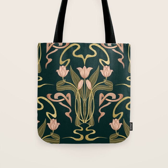 Deco Tulip Bloom - Art Deco Floral Nouveau Deep Forest Tote Bag Gallery Image 1