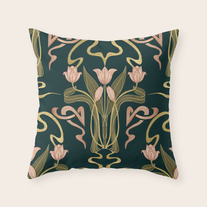 Deco Tulip Bloom - Art Deco Floral Nouveau Deep Forest Throw Pillow Gallery Image 1