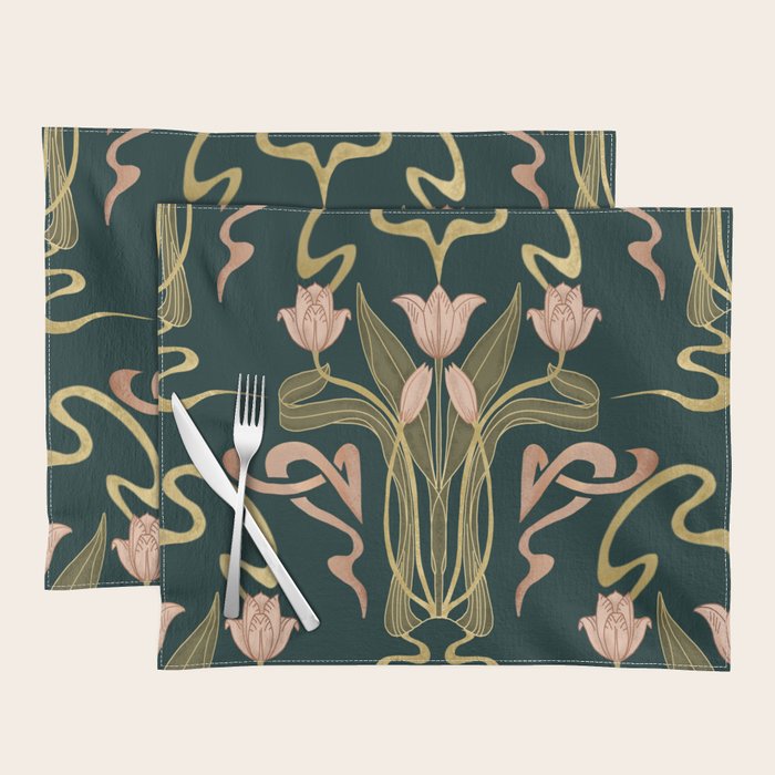 Deco Tulip Bloom - Art Deco Floral Nouveau Deep Forest Placemat Gallery Image 1