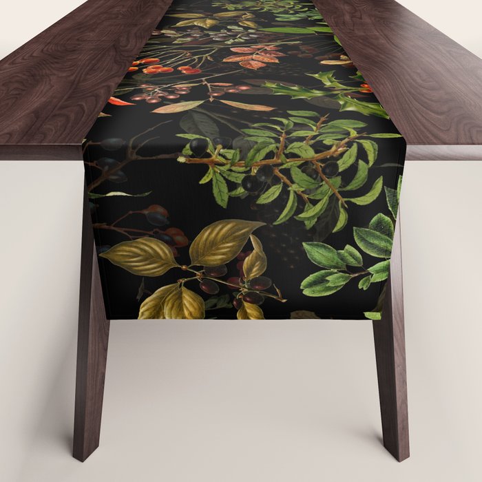 Vintage & Shabby Chic - vintage botanical wildflowers and berries on black Table Runner Gallery Image 1