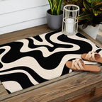 Retro Liquid Swirl Abstract Square 2 in Black and Almond Cream Outdoor Rug Gallery Image 2